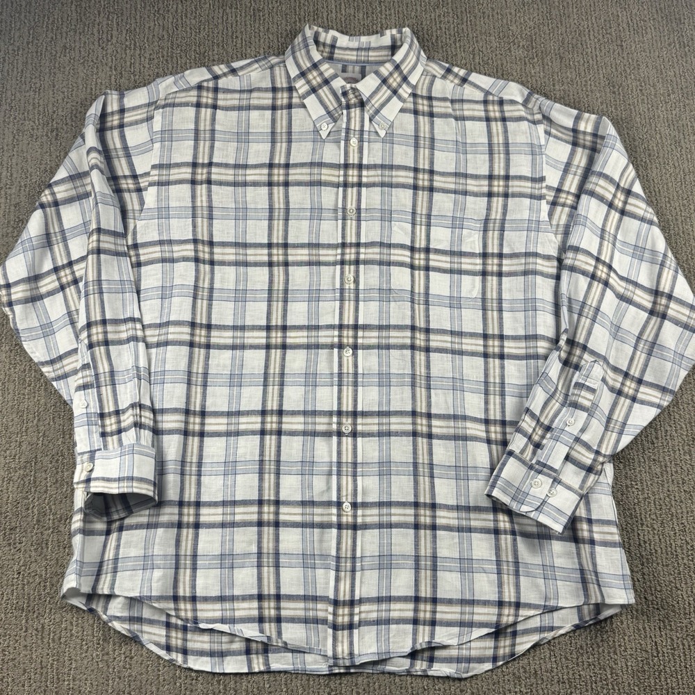Brooks Brothers Mens XL Baird McNutt Linen Shirt Button Up Madison Blue Plaid